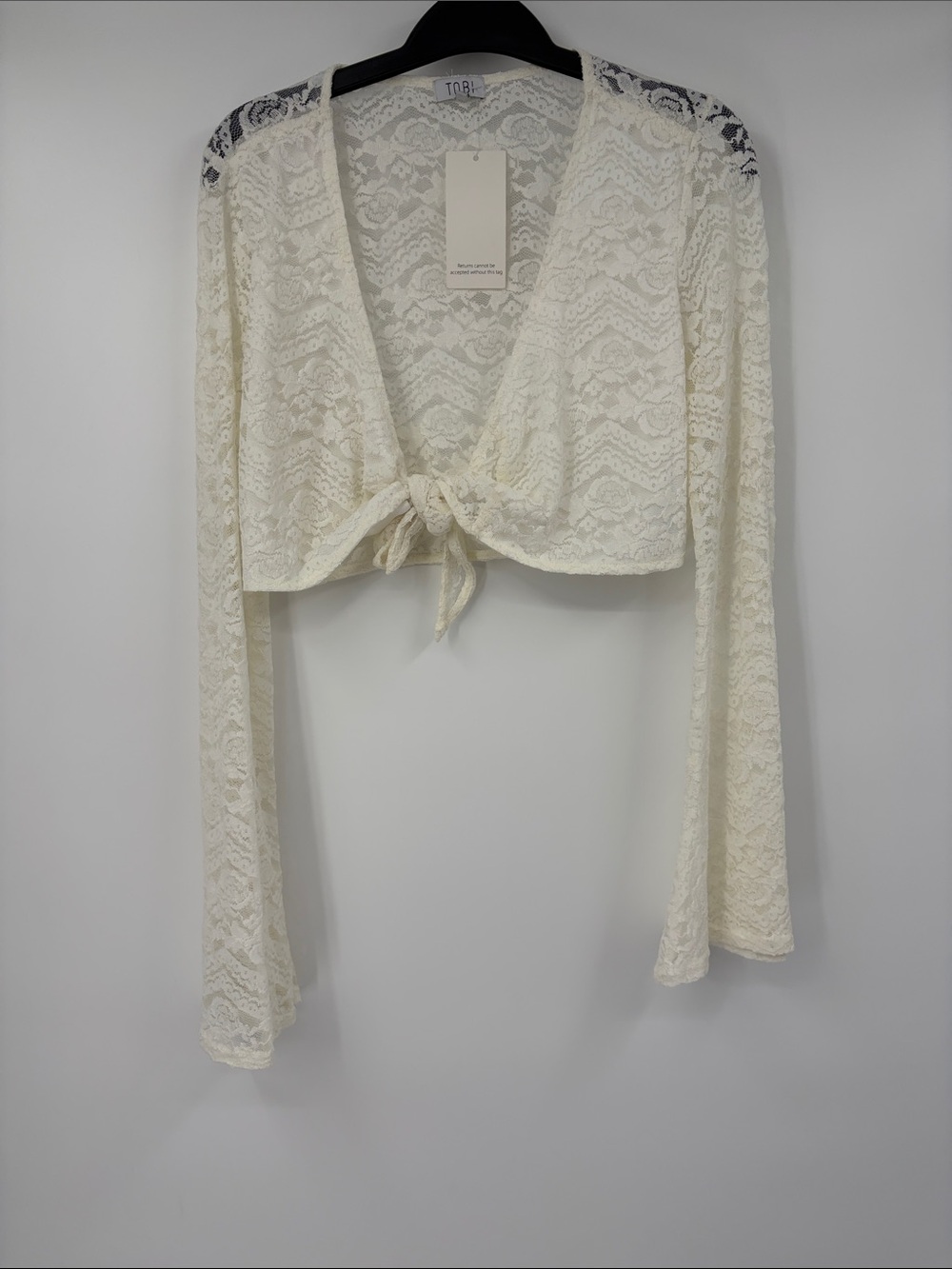 Tobi White Lace Crop Top Long Bell Sleeves Size Large
